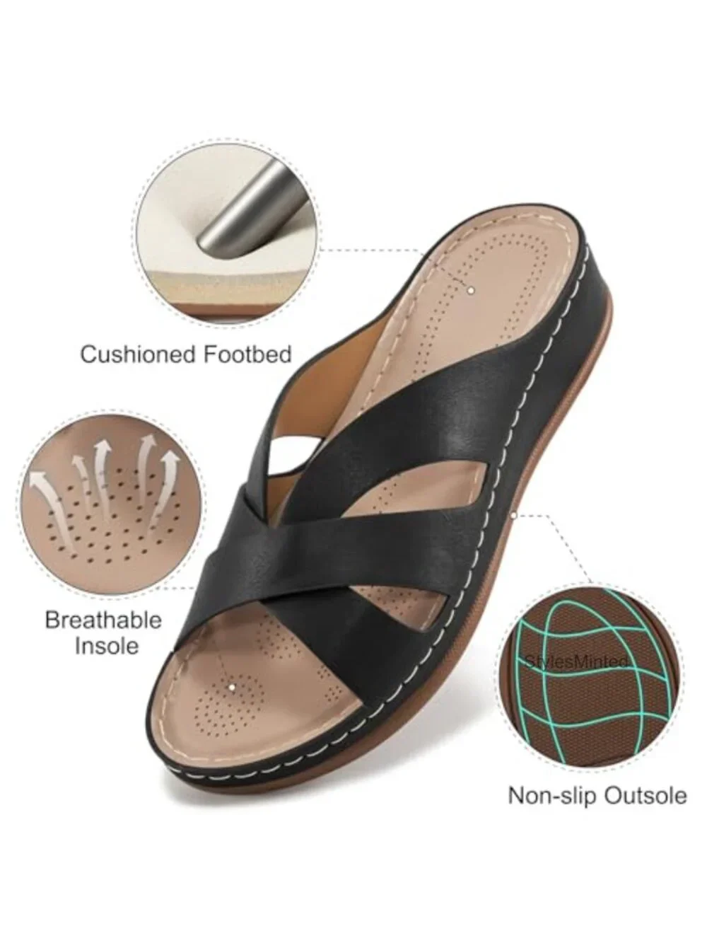 Women's Faux Leather Wedge Sandals with Memory Foam Insole, Slip-On Platform